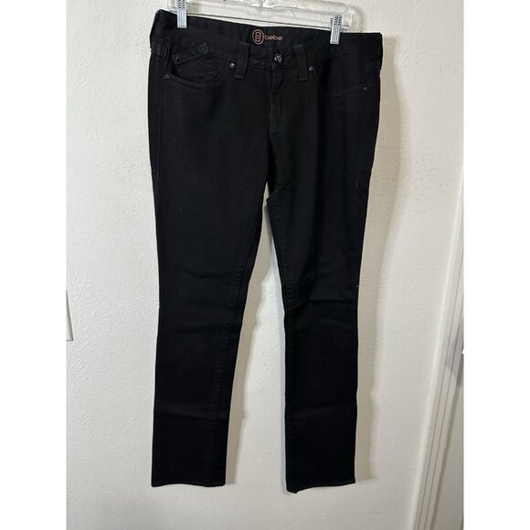 BEBE Women’s Bedazzled Logo Mid Rise Slim Fit Black Jeans Size 31 - Picture 1 of 9